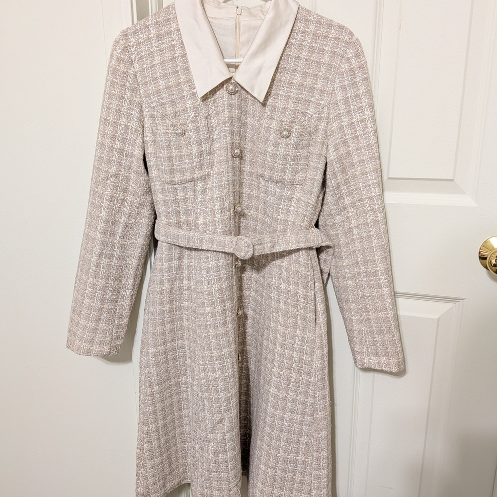 Women Tan Tweed‎ Plaid Belted Coat Dress Pearl Button Satin Collar Metallic L
